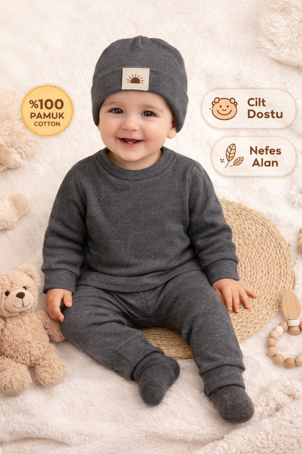 Hatted Ribbed Baby Top and Bottom 3-Piece Set