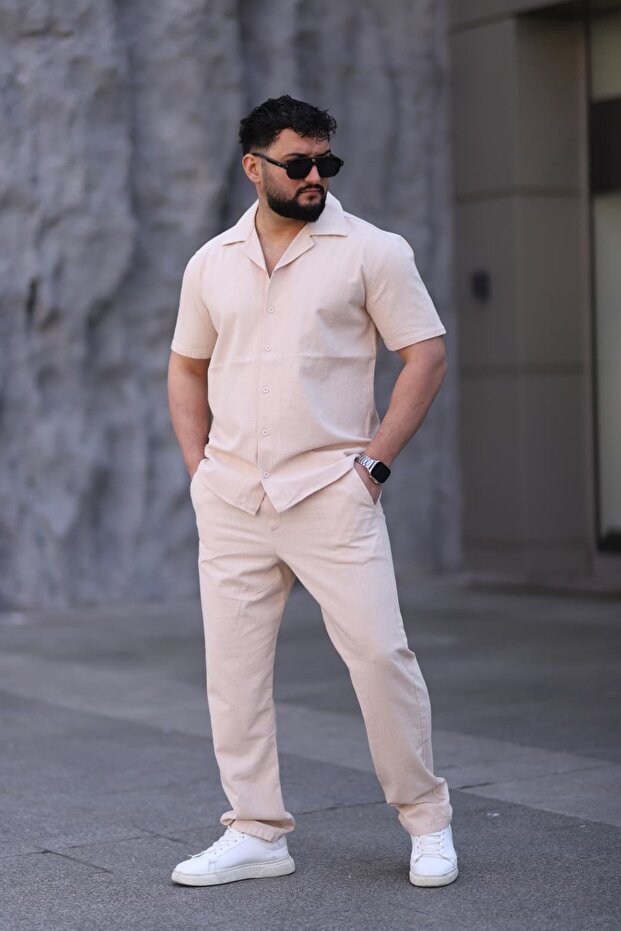 Men's Short Sleeve Linen Shirt Pants Set Summer Casual Bottom Top Set