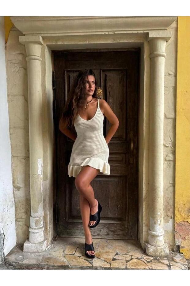 Women's Knitwear Summer Ruffle Detail Strappy Openwork Knitted Beach Dress Pareo