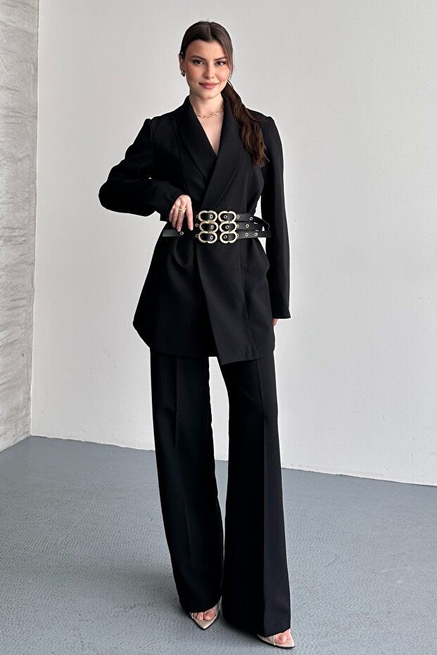 Women's Double Blazer Jacket and Palazzo Pants - 3 Belted Blazer Jacket with Gold Buckle Double Breasted Cut