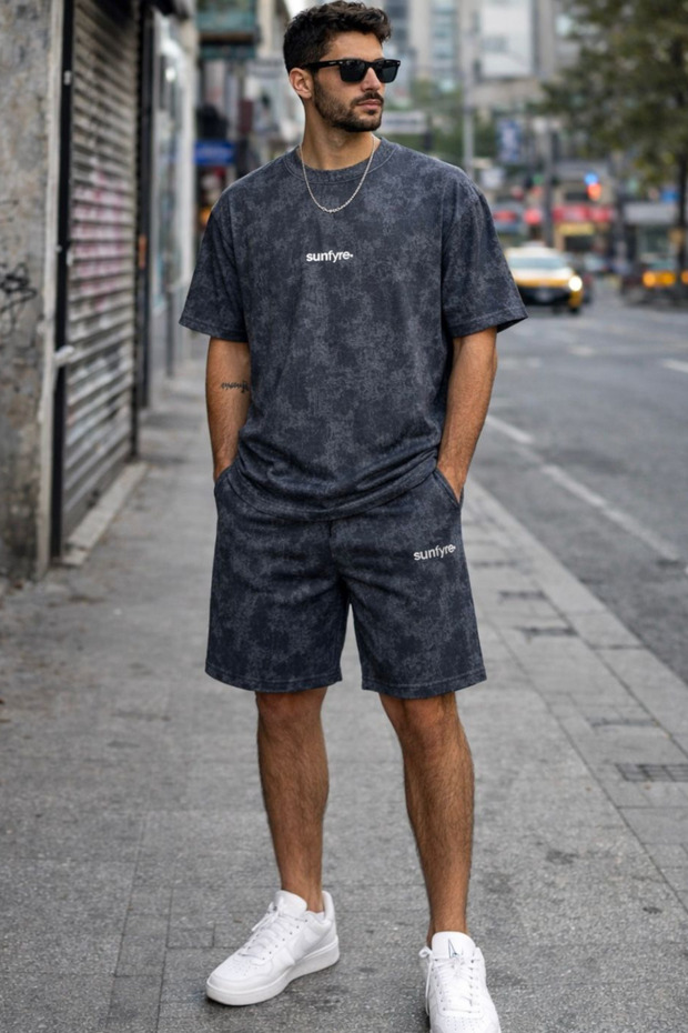 Men's Washed Basic Oversize Crew Neck Short Sleeve Shorts-T-Shirt Set Sun320