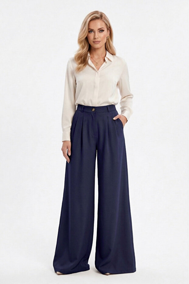Women's Wide Leg Pants Double Pleated Elastic Waist Pants