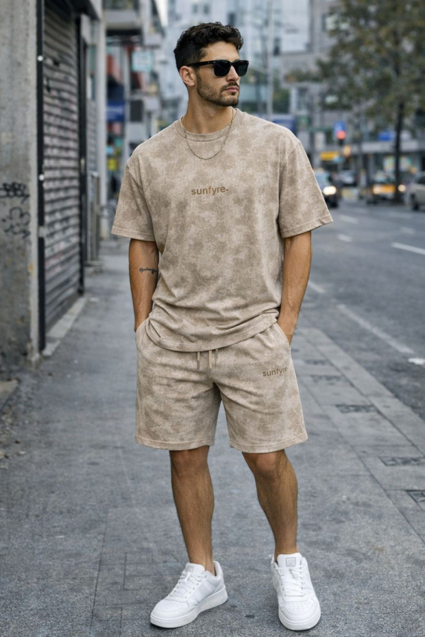 Men's Washed Basic Oversize Crew Neck Short Sleeve Shorts-T-Shirt Set Sun320