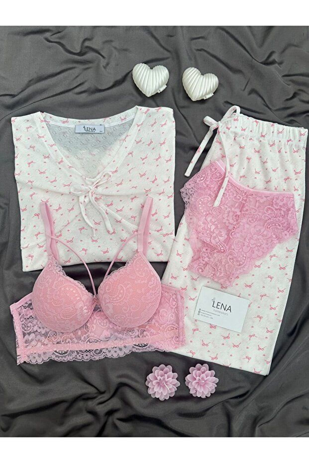 Women's Jacquard Bow Patterned Short Sleeve Pajama Set with Underwear