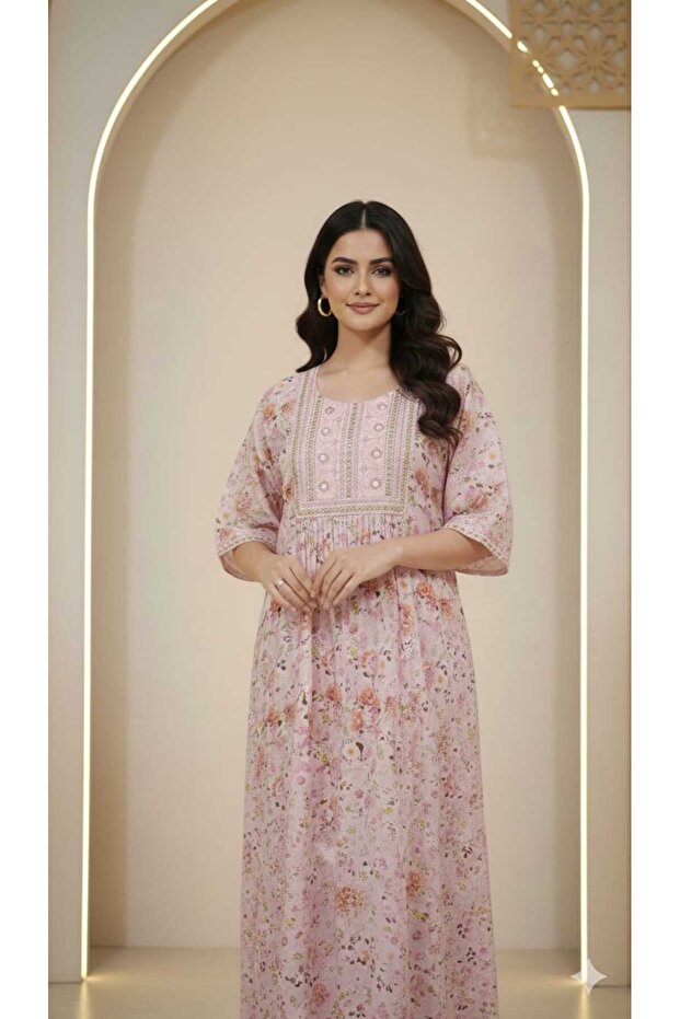 All over Floral Printed Jalabiya with Embroidery on yoke