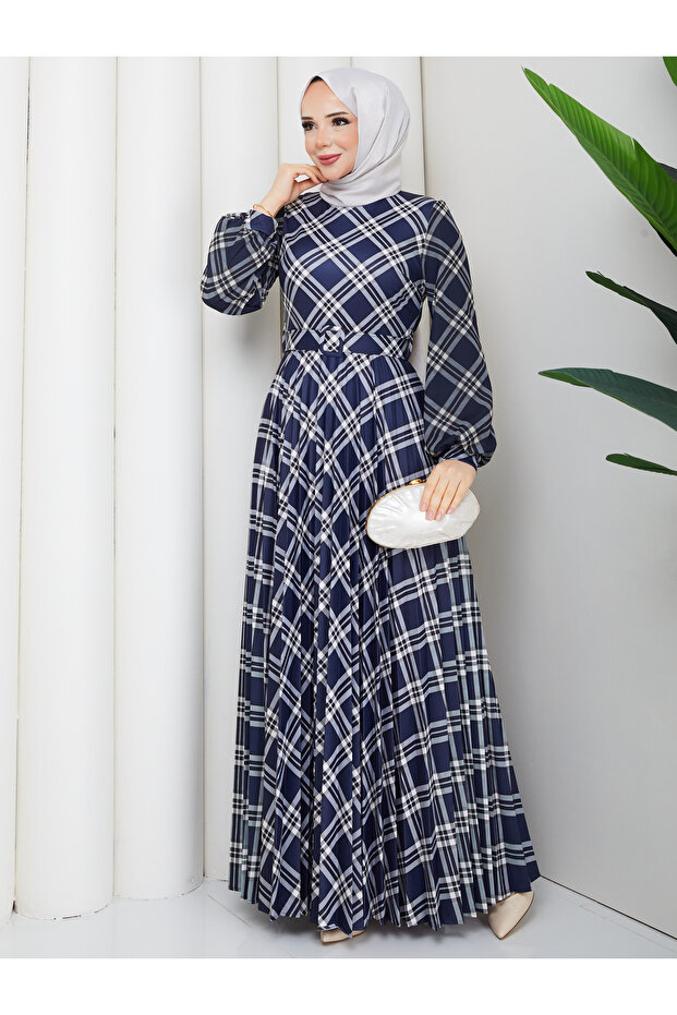 Digital Printed Plaid Patterned Navy Blue Pleated Dress