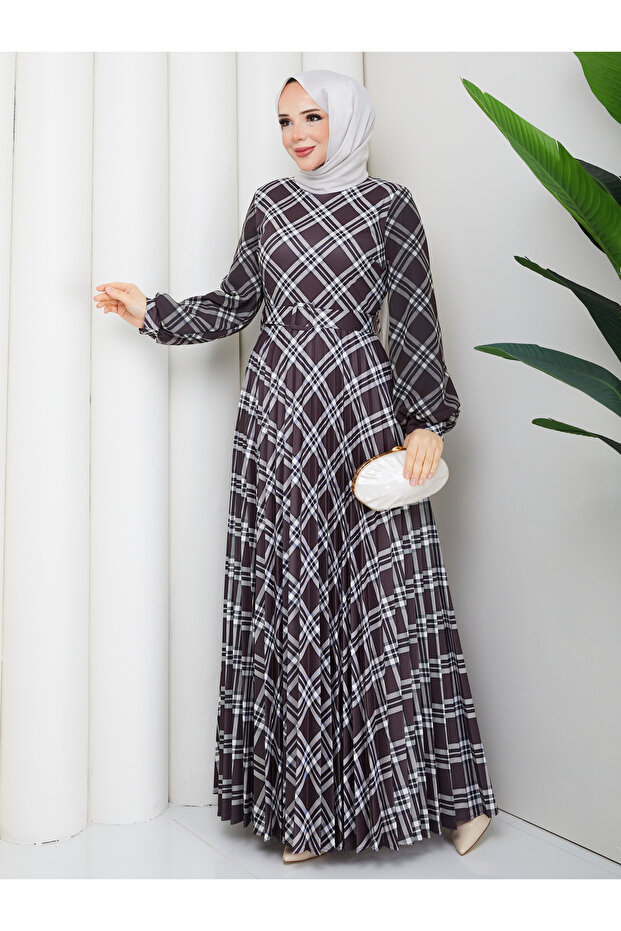 Digital Printed Plaid Patterned Brown Pleated Dress
