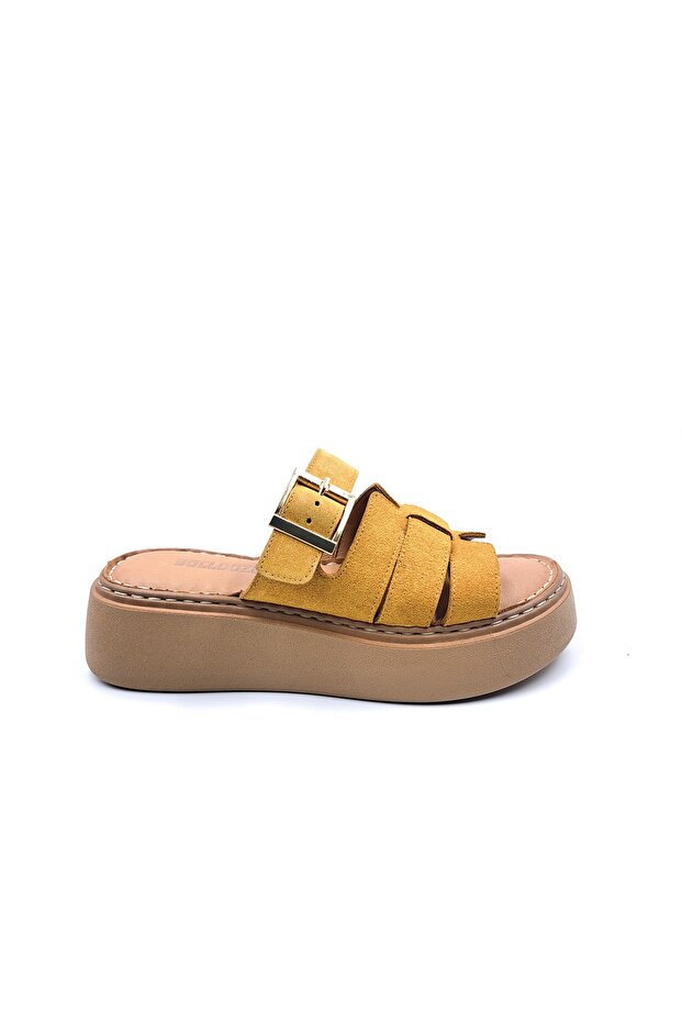 4 cm Padded Sole Genuine Suede Leather Mustard Women's Comfort Slippers with Soft Insole