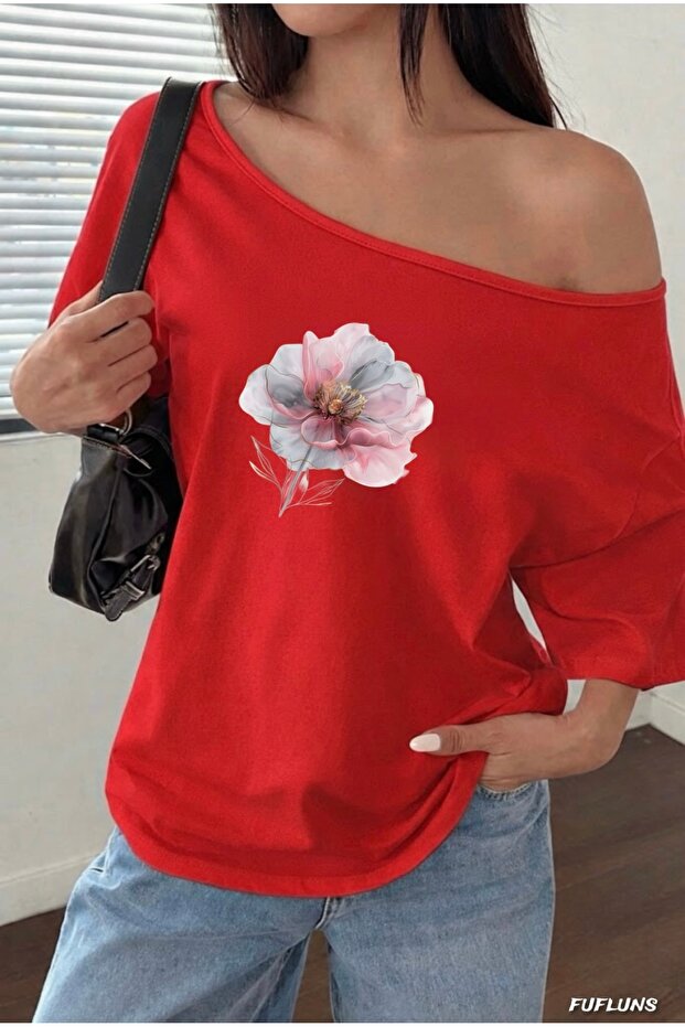 Flower Printed Oversize Women's Boat Neck T-Shirt