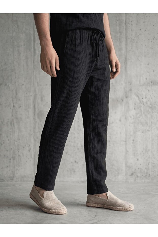 Lanz Men's Cotton Muslin Trousers | Comfortable Fit, Elastic Waist and Lace-Up Closure