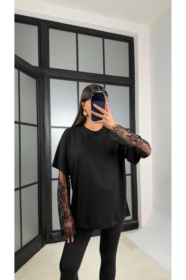 Women's Black Lace Sleeve Detailed Oversize T-Shirt Long Sleeve Stylish Blouse