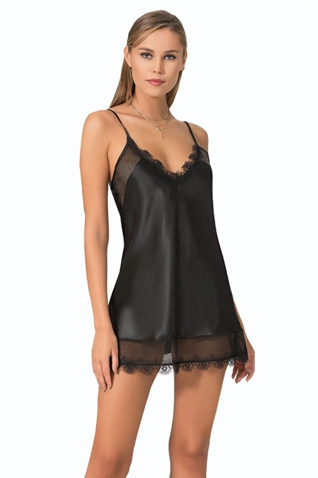 Silky Satin Textured Nightgown / Babydoll with Mesh and Lace Detailing and Thin Straps