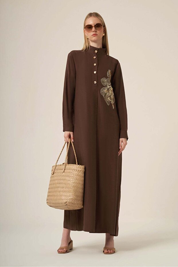 Women's Oversize Embroidered Dress Brown 31336