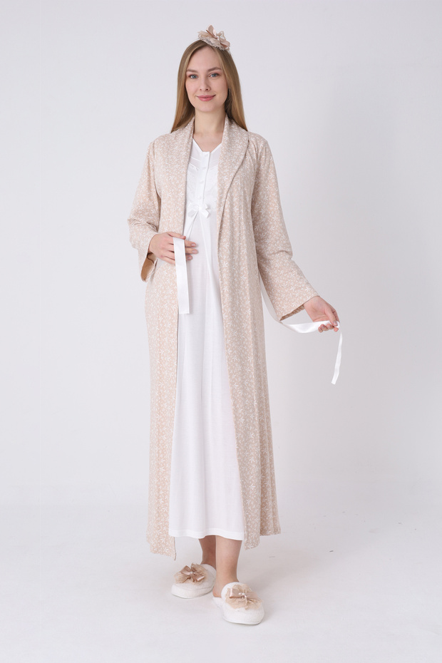 Maternity Nightgown and Robe Set – Maternity Wear, Patterned Robe and Lace-Trimmed Cotton Viscose Nightgown