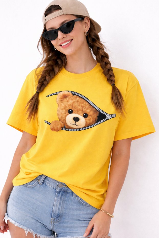 Zippered Teddy Bear Printed Unisex Oversize T-Shirt – Cotton Crew Neck Casual Streetwear T-Shirt