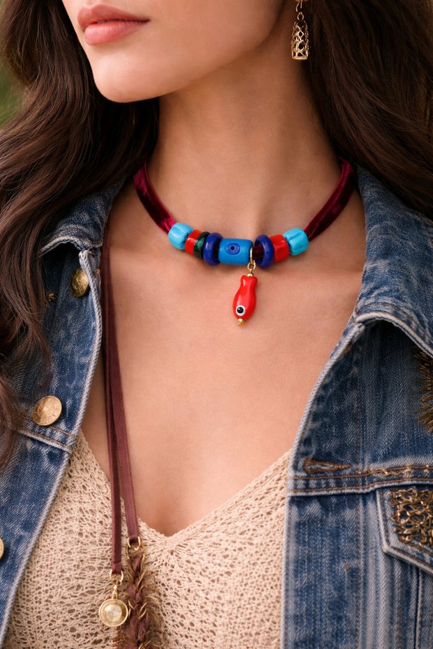 Glass Eye Bodrum Blue Charm Velvet Necklace