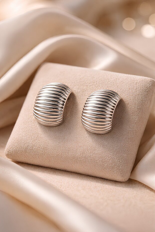Women's Silver Lacquer Coated Ribbed Corded Striped Textured Model Half Moon Design Earrings