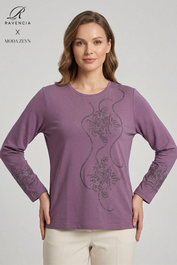 Women's Spiral Leaf Patterned Collar and Skirt Stoned Embroidered Slit Lycra Mother Combed Cotton Blouse