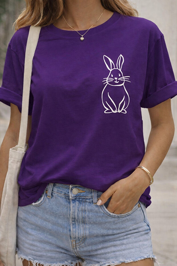 Minimal Rabbit Print Unisex Oversize T-Shirt – Cotton Crew Neck Casual Trend T-Shirt
