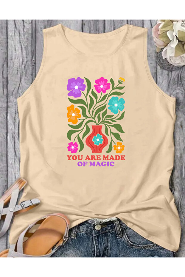 Flower Printed Sleeveless Women's Summer Crew Neck Strappy Athlete Tshirt