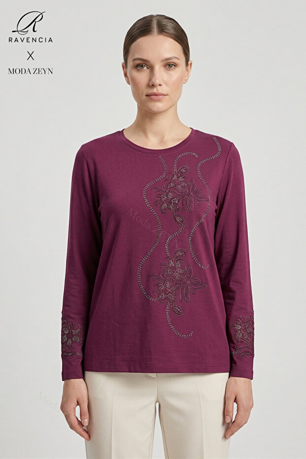 Women's Burgundy Spiral Leaf Patterned Stoned Slit Lycra Mother Combed Cotton Blouse