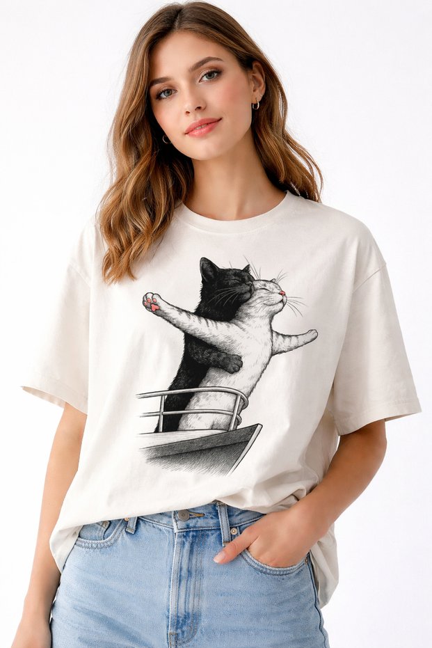 Cat Couple Titanic Printed Unisex Oversize T-Shirt – Cotton Crew Neck Casual Trend T-Shirt