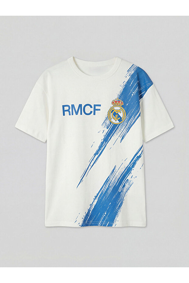 Nevavm Oval Collar Real Madrid Printed Boys' T-Shirt with Difference