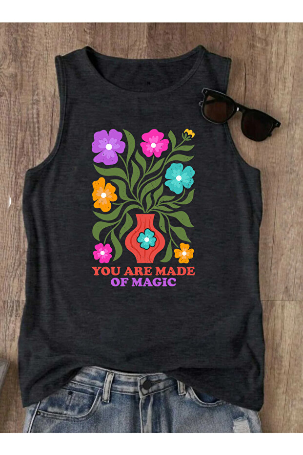 Flower Printed Sleeveless Women's Summer Crew Neck Strappy Athlete Tshirt