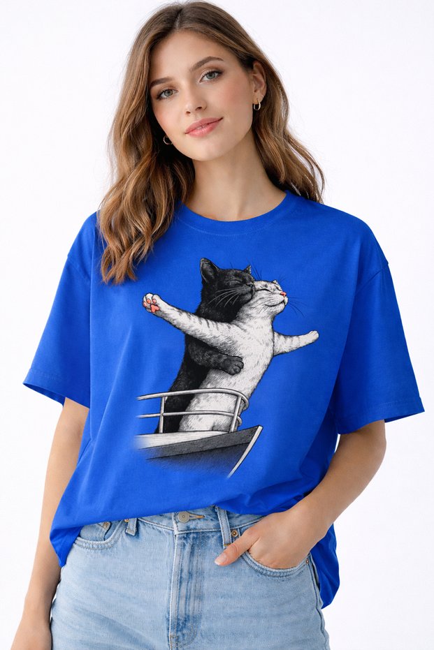 Cat Couple Titanic Printed Unisex Oversize T-Shirt – Cotton Crew Neck Casual Trend T-Shirt