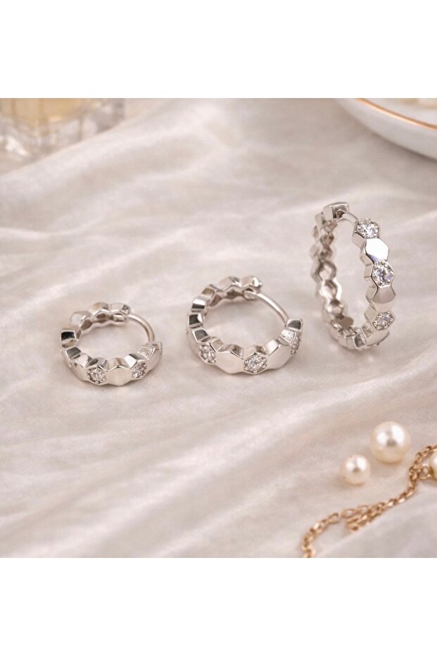 Silver 3-Piece Stone Hoop Earrings