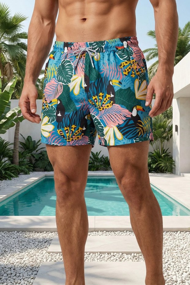 Patterned Swim Shorts Elastic Lace-Up Men's Multi-Color Lined Short Length Beach Shorts Ls-95857