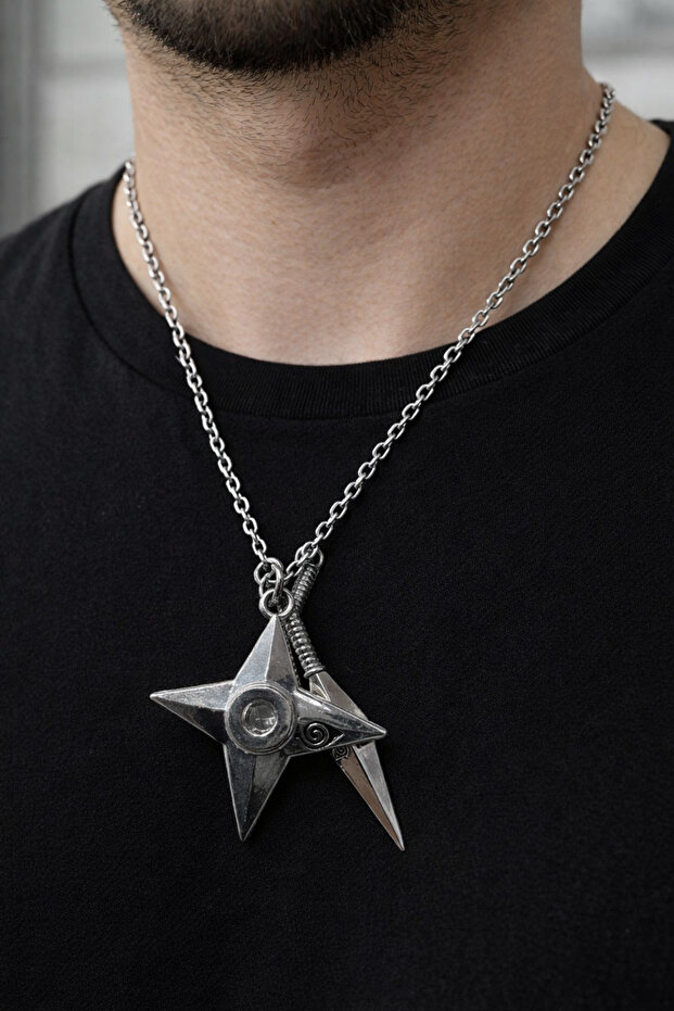 Naruto Shuriken Kunai Patterned Silver Color Necklace Unisex Adult Anime