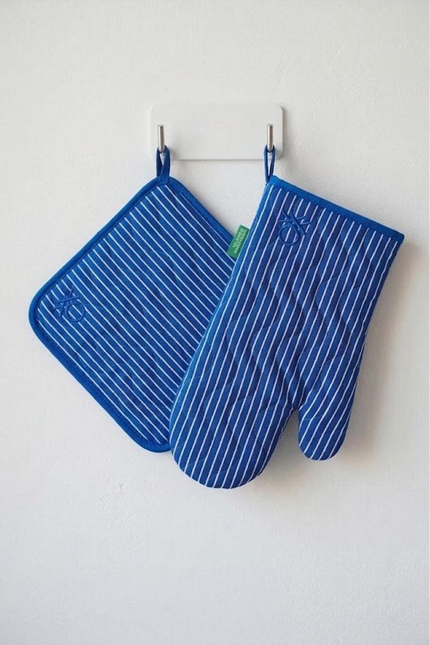 Be-28454-Bl 100% Cotton Blue Striped 17*30 Cm-20*20 cm (Gloves and Tutaç) Kitchen Set