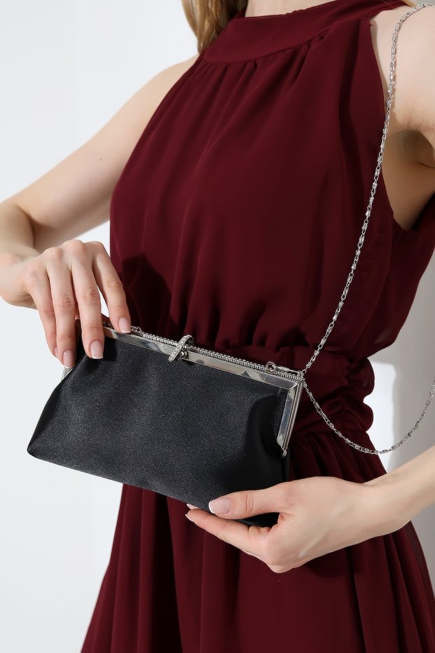 Black Satin Evening Dress Bag with Stone-Set Buckle and Chain Detail, Clutch, Evening Bag and Handbag