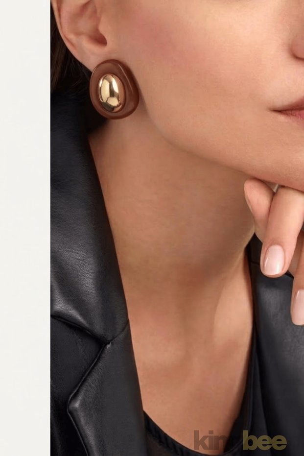 Moderna Series Women's Brown Retro Gold Detailed Geometric Earrings-Modern Design Coffee Gold Earrings