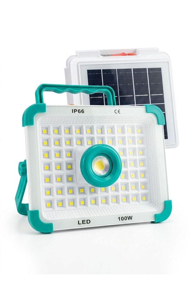 مصباح تخييم شمسي بقوة 100 واط - كشاف LED محمول قابل لإعادة الشحن مقاوم للماء IP66 للاستخدام الخارجي