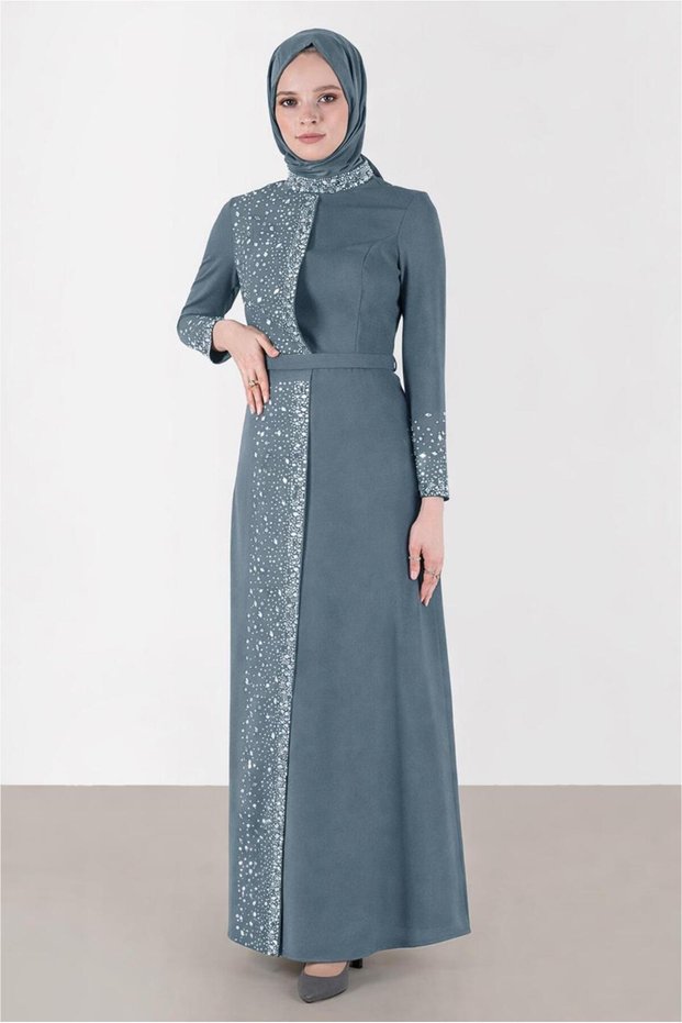 Belted Stone-Detail Evening Dress 50200