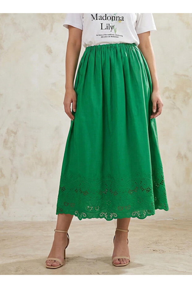 Midi Cotton Embroidered Hem Skirt with Pleat Detail