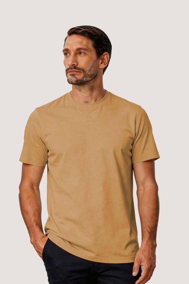 Beige 100% Cotton Men's T-Shirt – Crew Neck