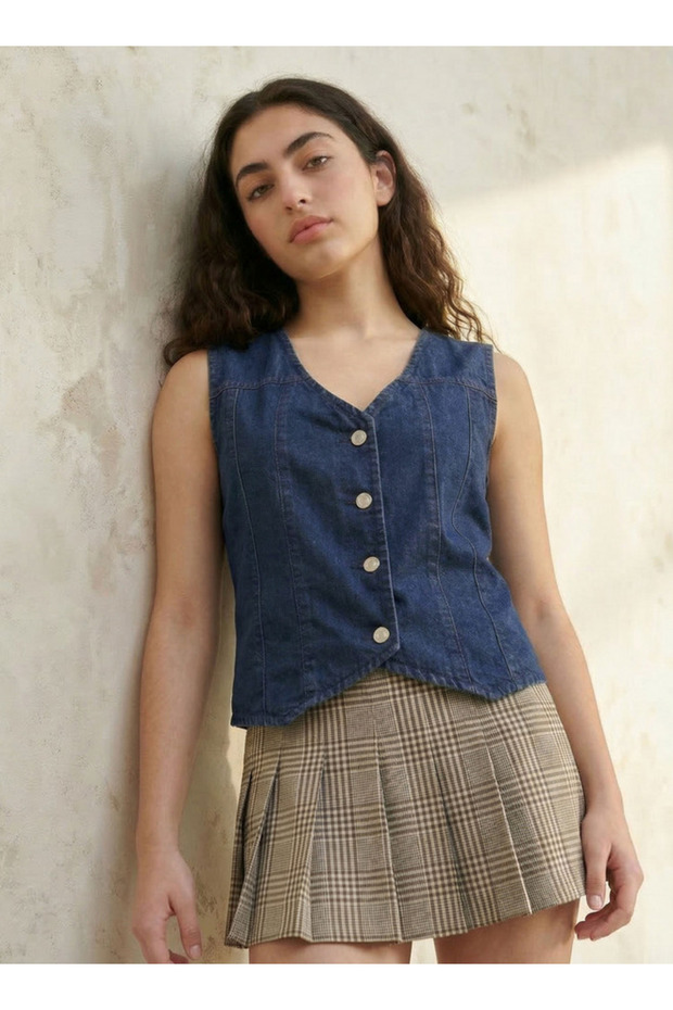 Cotton Denim Sleeveless Waistcoat with V-neck