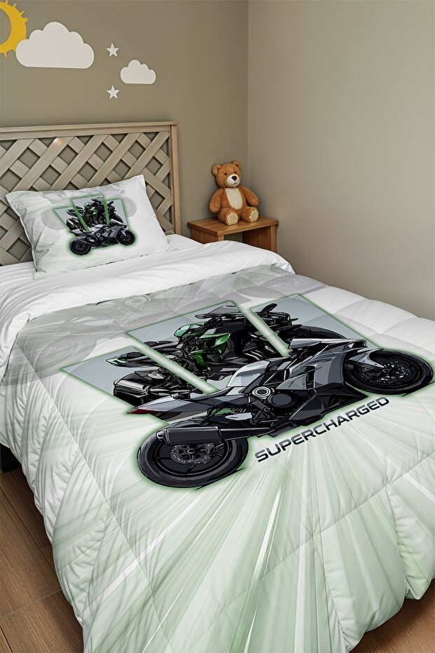 Stylish Motor Patterned Single Duvet and Pillowcase