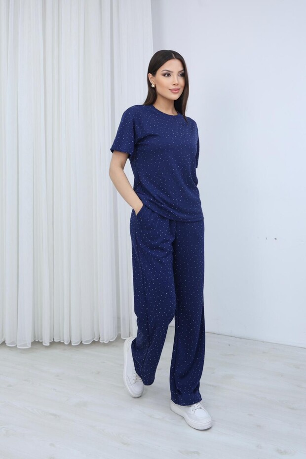 Women's Navy Blue Modal Fabric Stone Detailed Top and Bottom Set