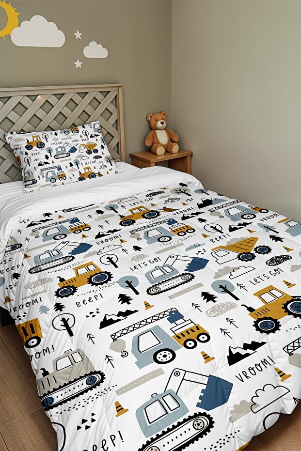 Fun Construction Time Patterned Single Duvet and Pillowcase