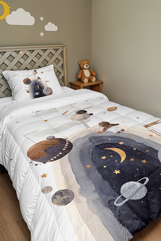 Teddy Bear Patterned Single Duvet and Pillowcase in Space