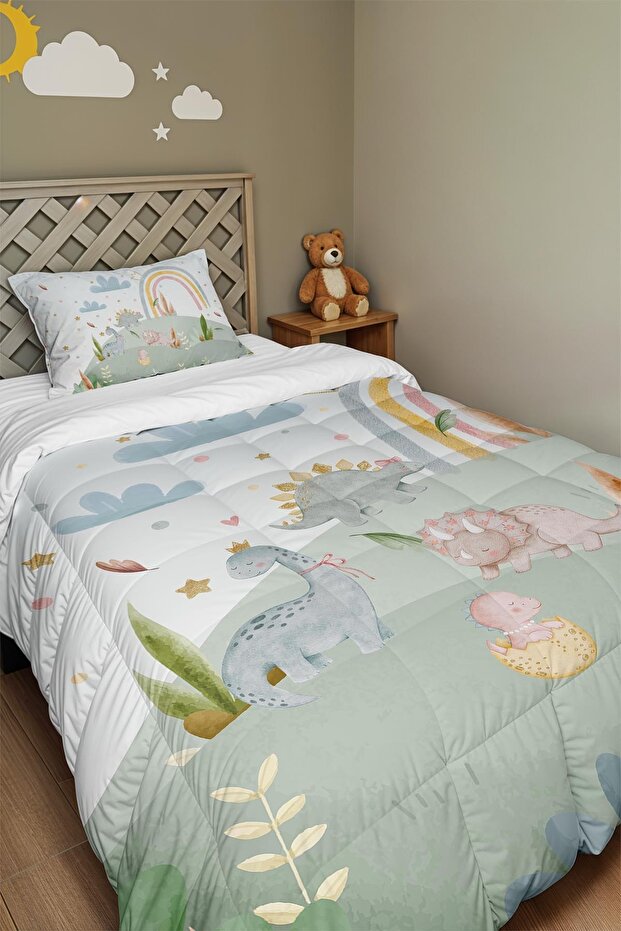 Cute Dinosaurs Garden Patterned Single Duvet and Pillowcase