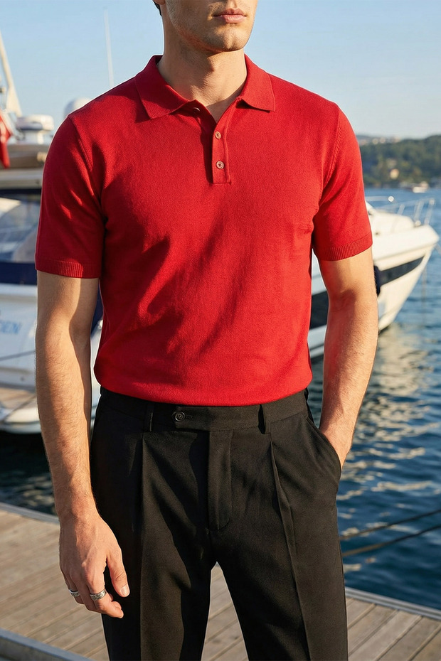 Surin Premium Cotton Knitwear Polo Collar Regular Fit Men's Red T-Shirt