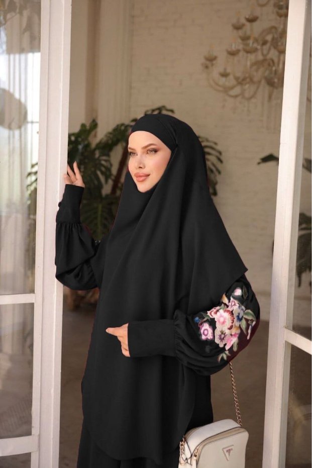 Women's Abaya Set Medina Fabric Embroidered Scarf Stylish Hijab Dress N-05425 _ Black