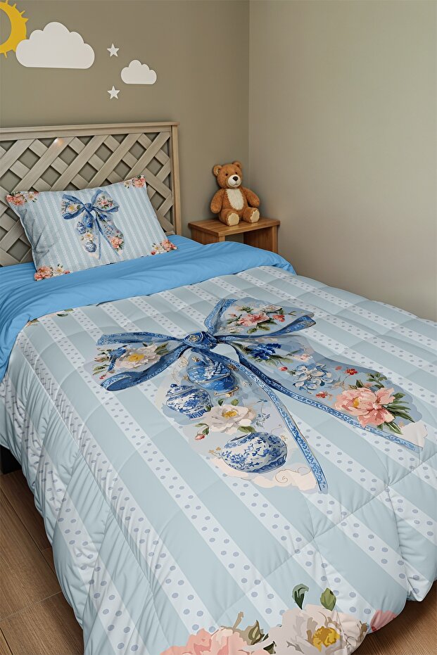 Blue Ribbon Patterned Single Duvet and Pillowcase