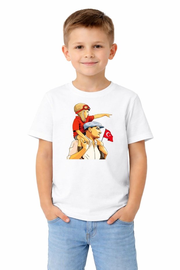 White Children's T-Shirt with Flag and Ataturk Print