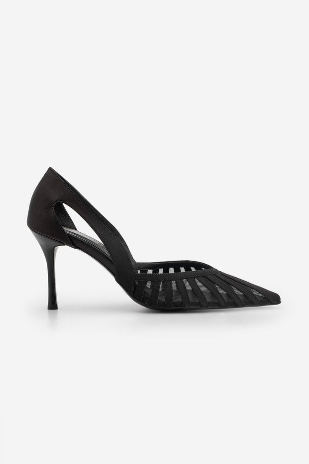 Women's Stiletto Pointed Toe Ribbon Detailed Mesh Classic Heeled Shoes Koriva Black Satin